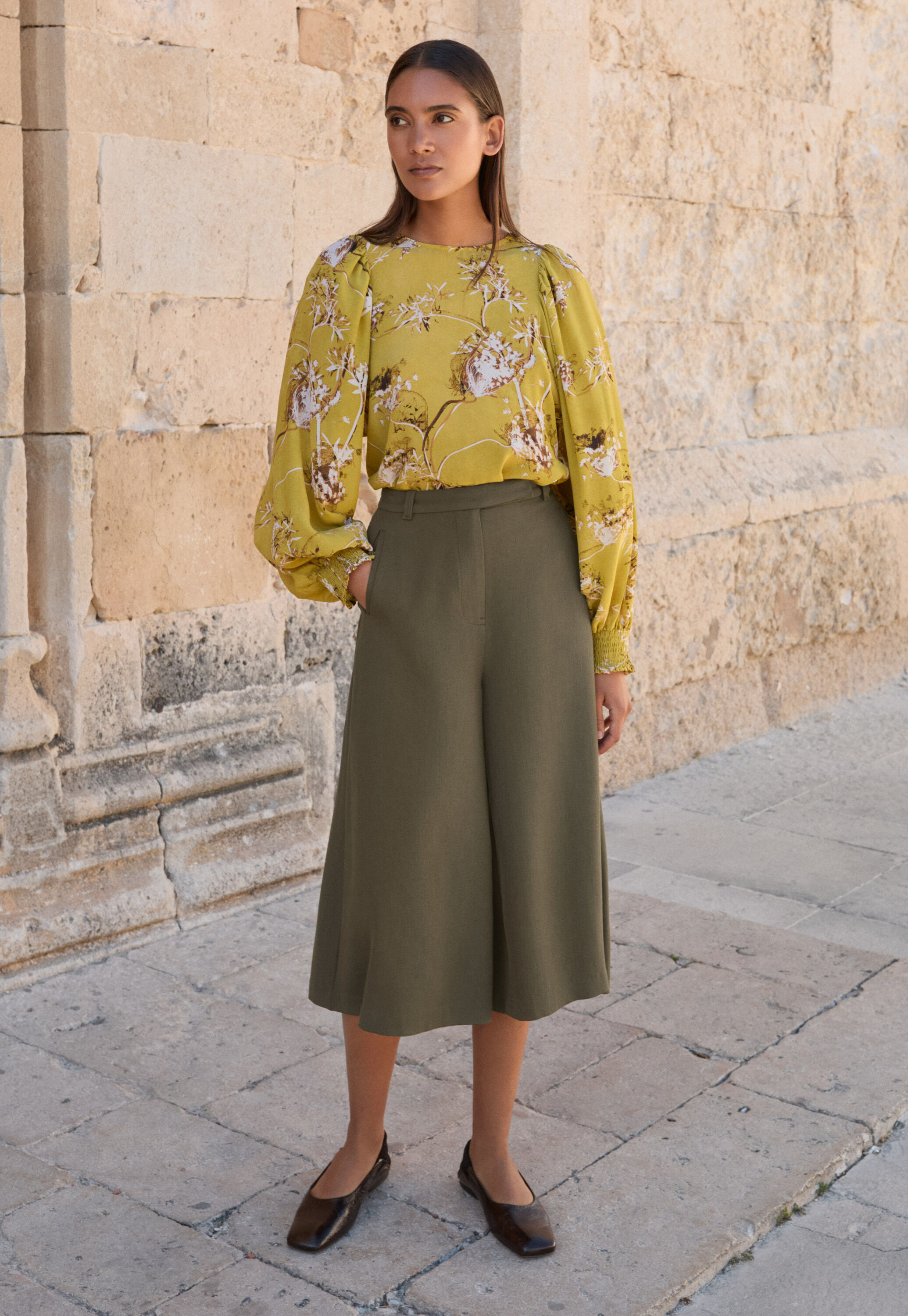 Print-Bluse mit gerafften &Auml;rmeln, Chartreuse, large