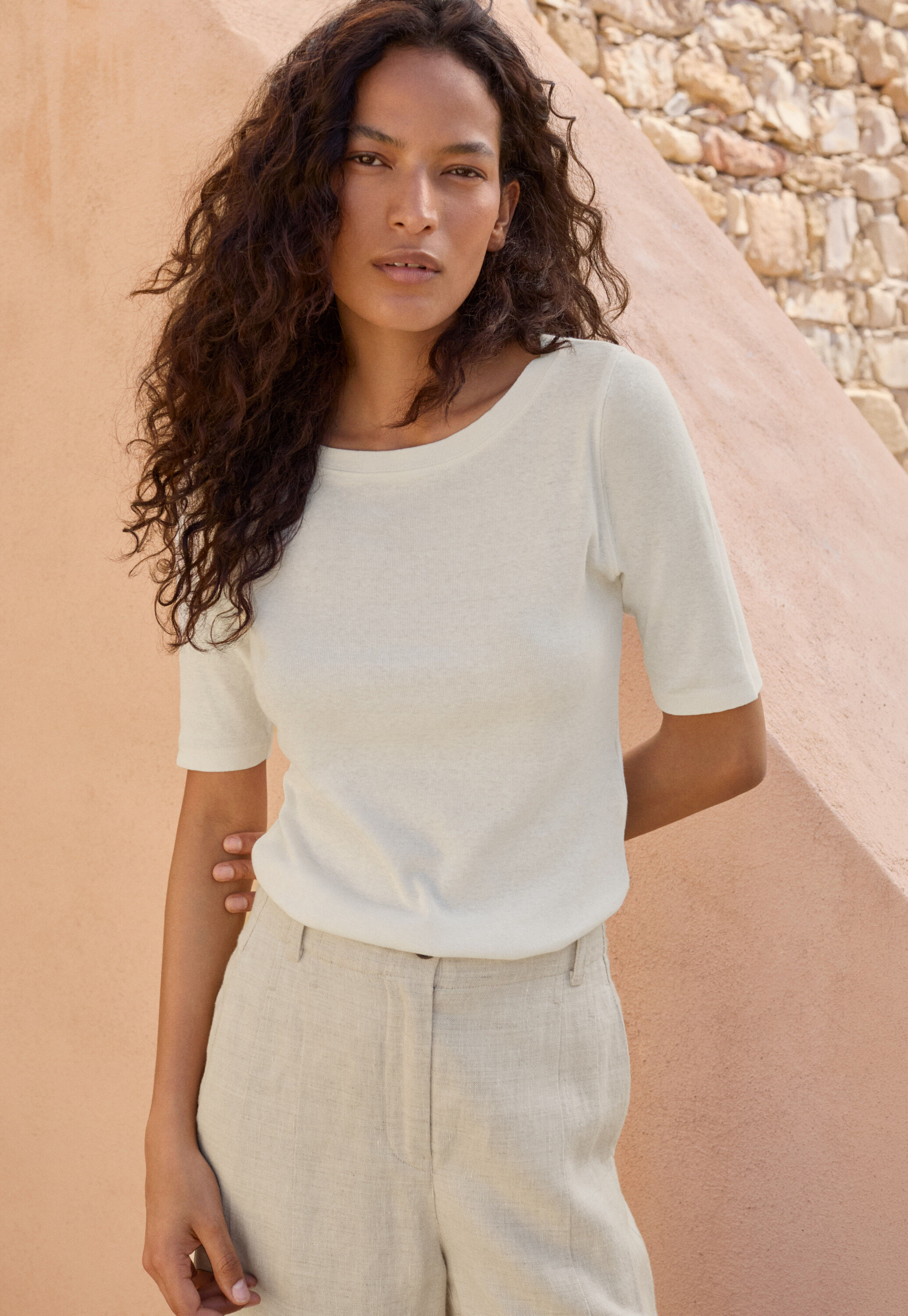Geripptes Jersey-Oberteil, Ecru, large