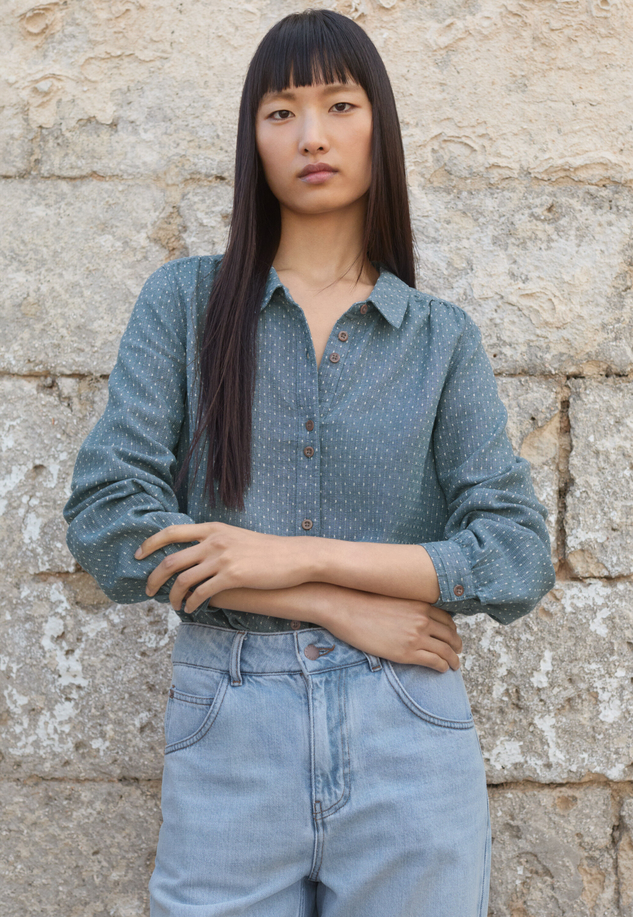 Bluse in Strichmuster-Webung