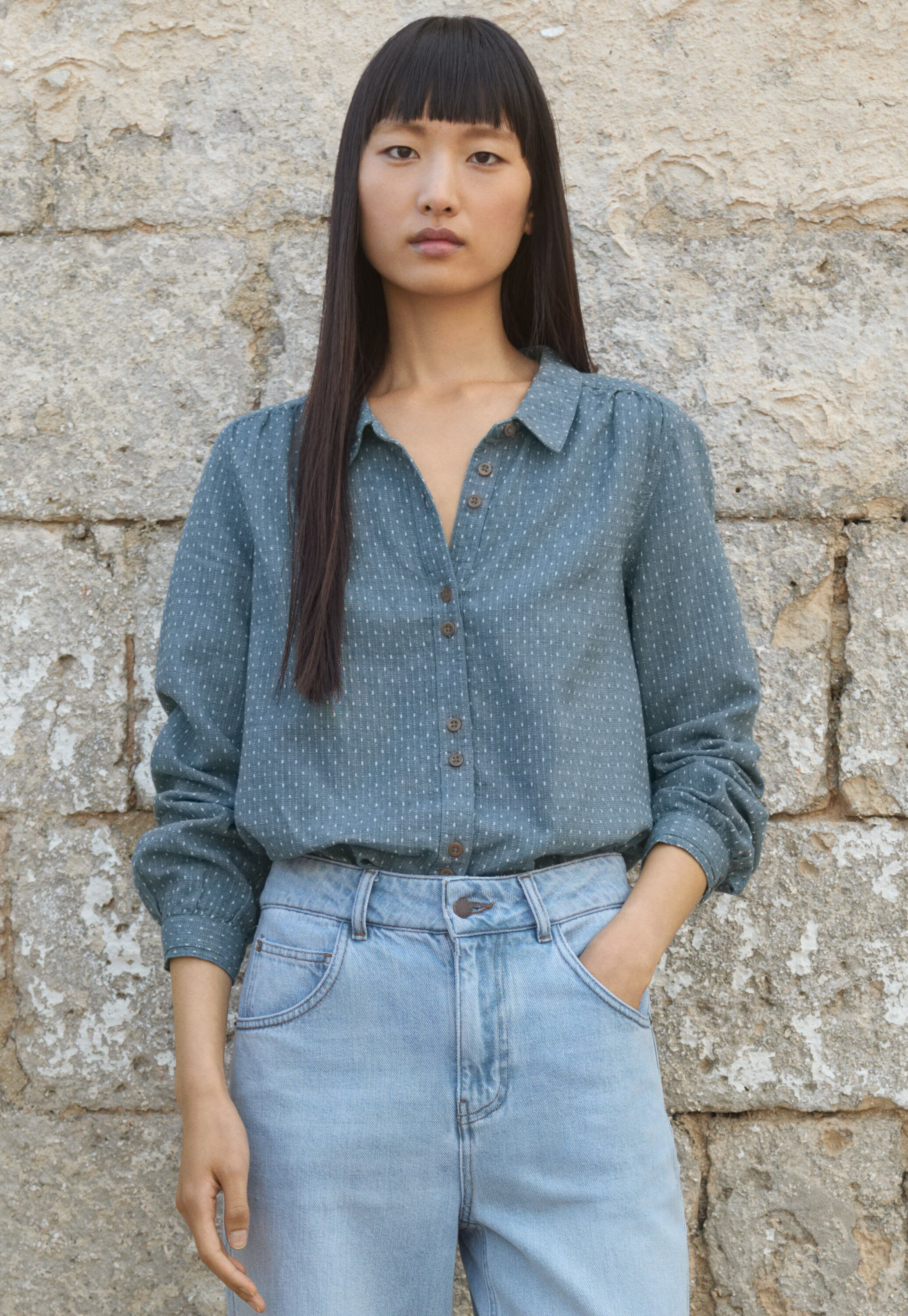 Bluse in Strichmuster-Webung
