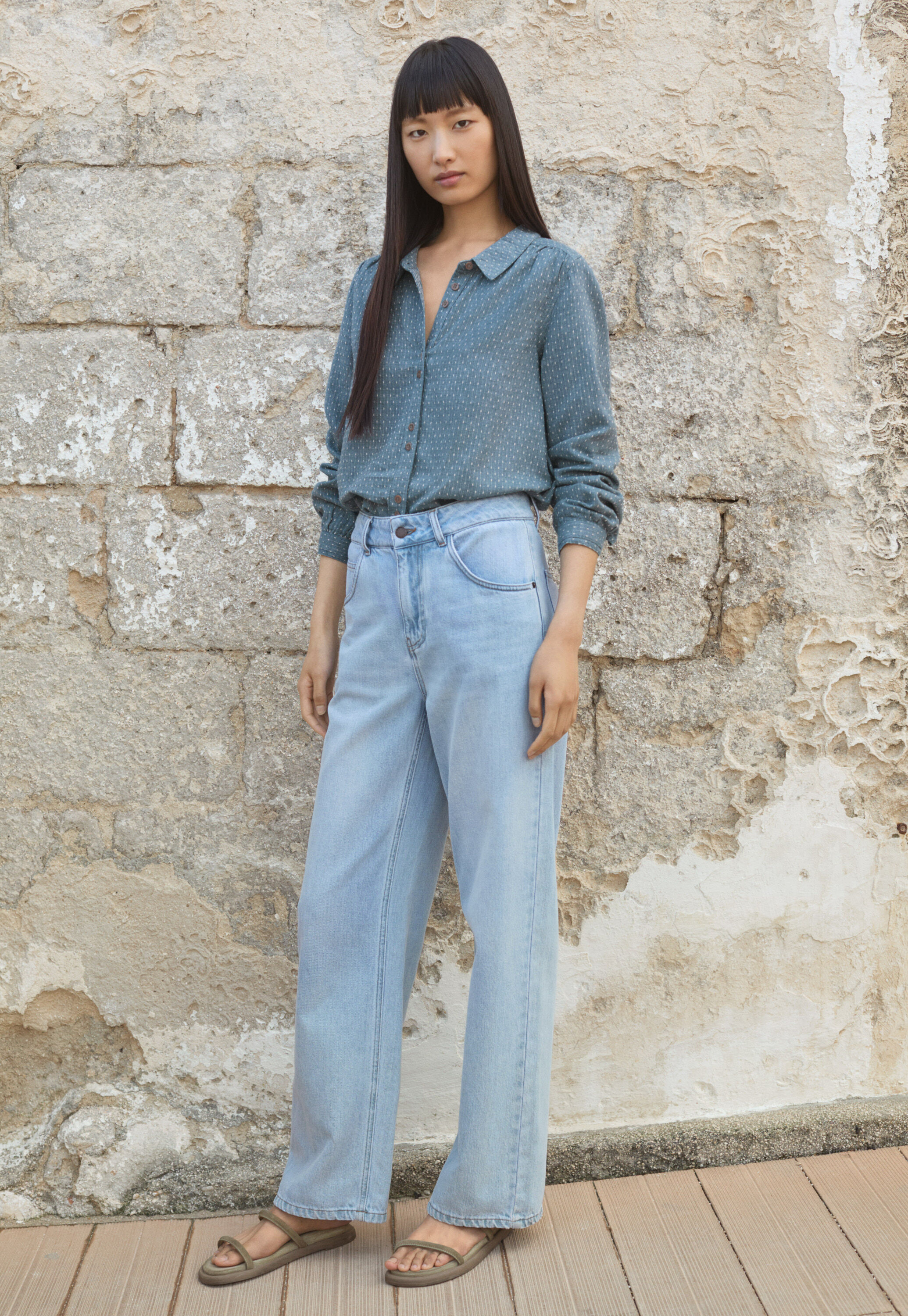 Bluse in Strichmuster-Webung