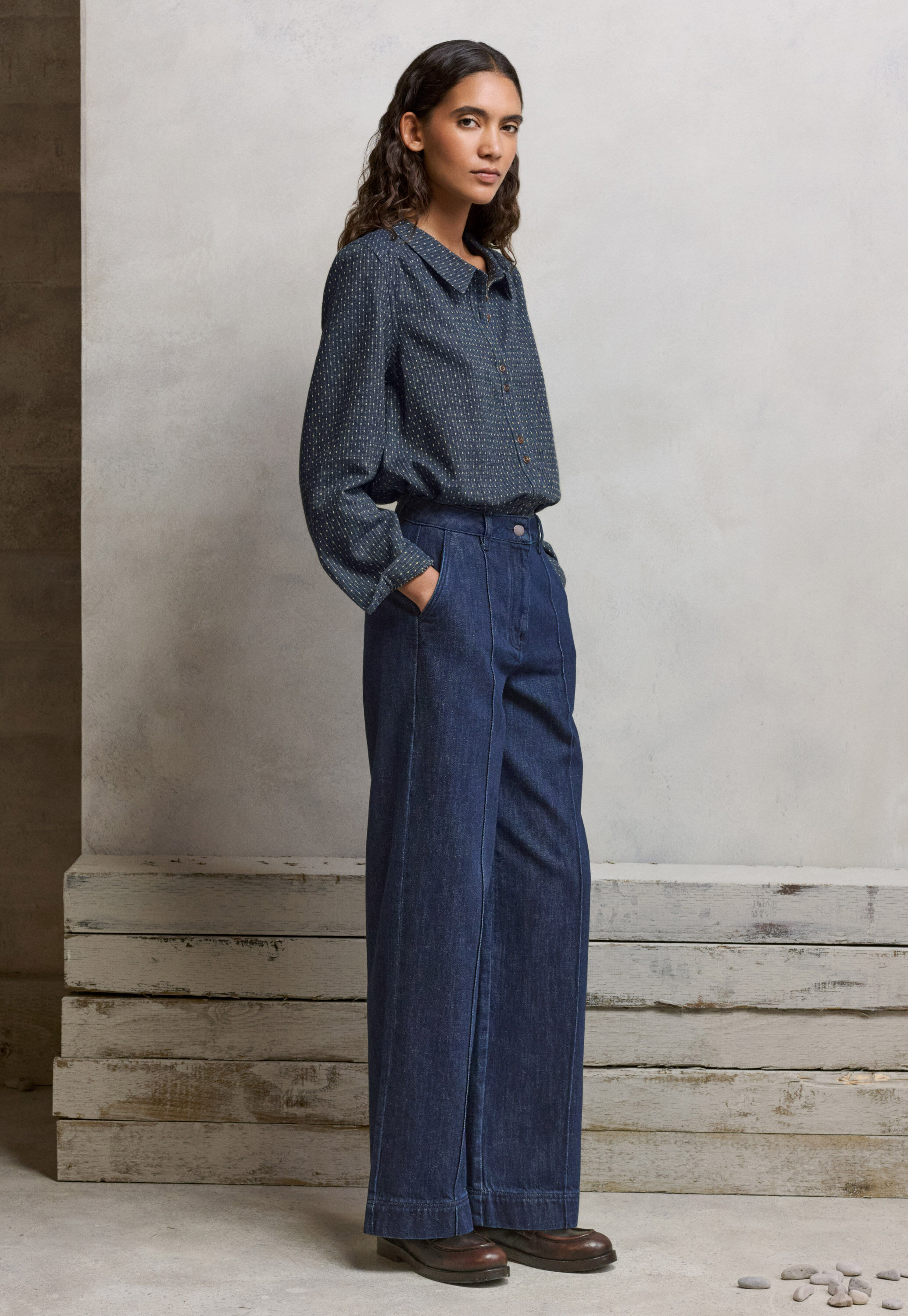 Bluse in Strichmuster-Webung