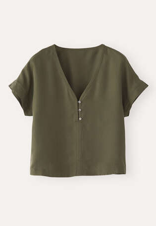 Oberteil mit V-Ausschnitt, Dunkles Khaki, webstill