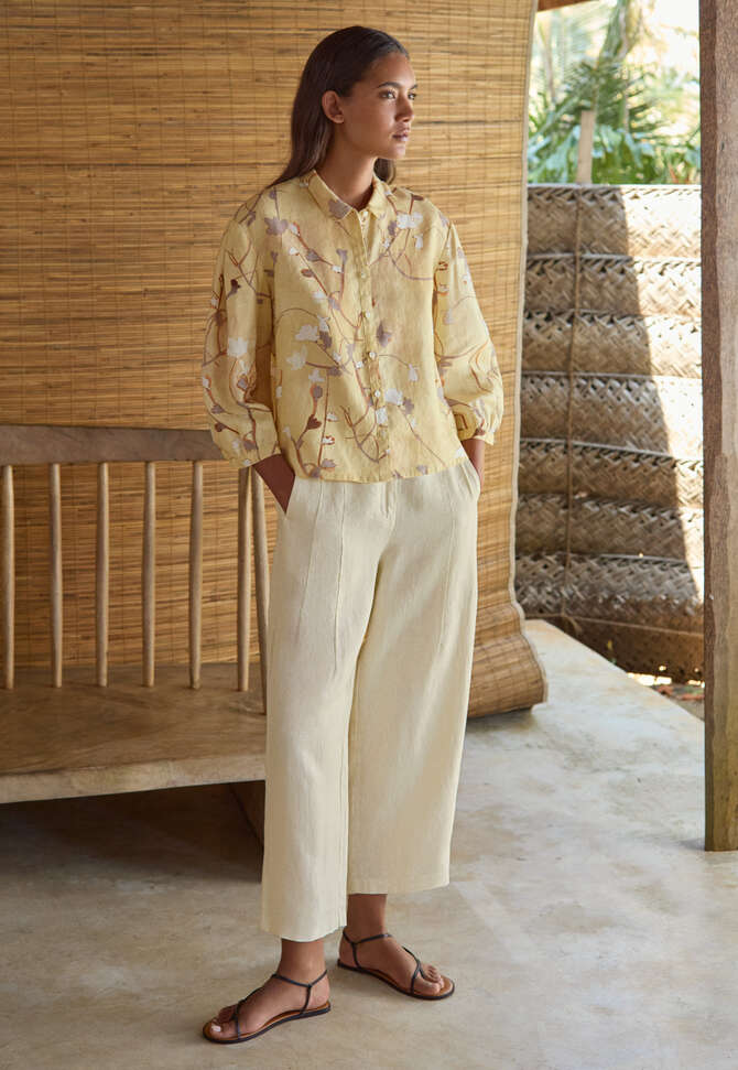 Print-Bluse mit Falten&auml;rmeln, Blasses Honiggelb, completeTheLook