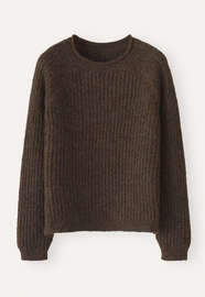 Ripppullover mit Rundhalsausschnitt, Dunkelbraun, webstill