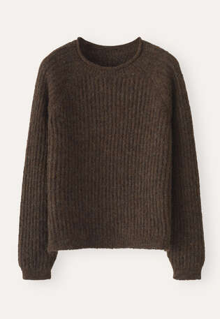 Ripppullover mit Rundhalsausschnitt, Dunkelbraun, webstill