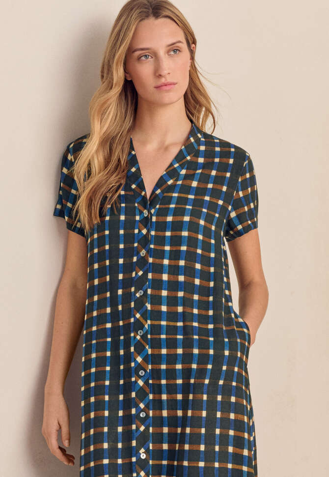Durchgekn&ouml;pftes, bedrucktes Kleid, Tinte/Braun, completeTheLook