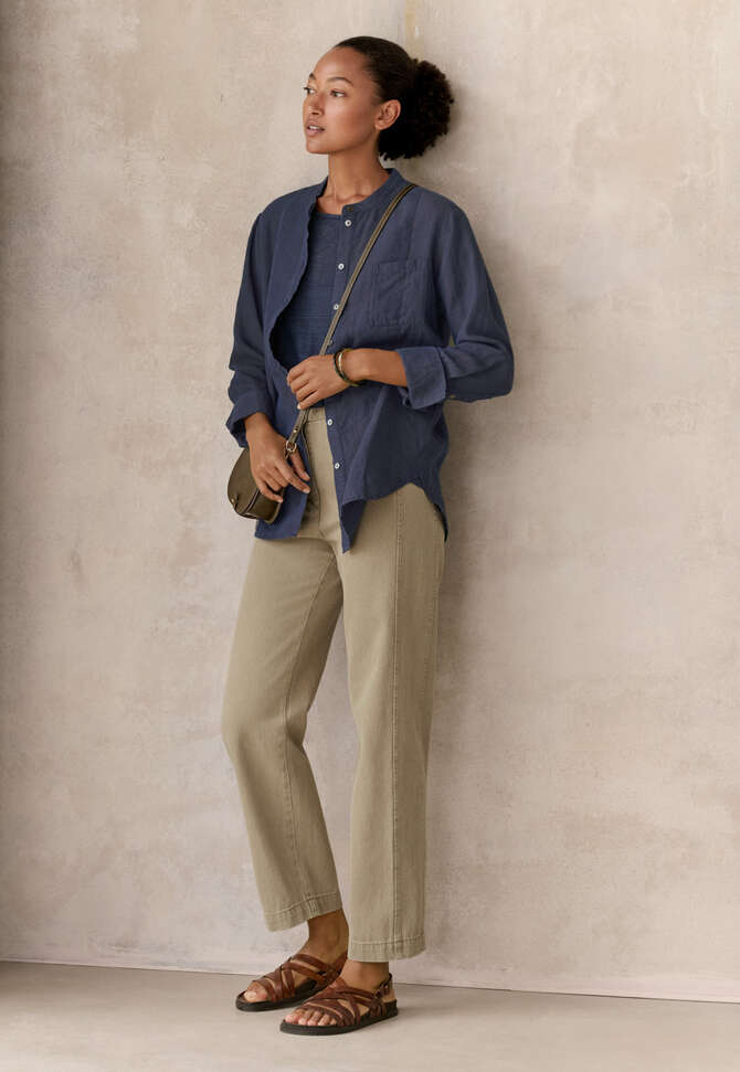 Lange Bluse mit Latzeinsatz, Blau/Braun, completeTheLook