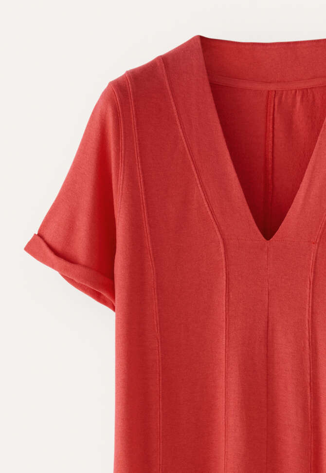 Kleid mit V-Ausschnitt und Eins&auml;tzen, Korallenrosa, completeTheLook