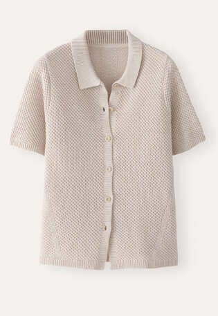Cardigan mit Kragen im Perlmuster, Naturbeige, webstill