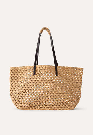 Geflochtene Tasche mit Lederriemen, Tee, webstill