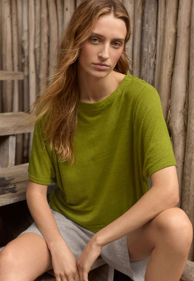 Jersey-Top mit gekn&ouml;pfter Schulter, Dunkle Limette, completeTheLook