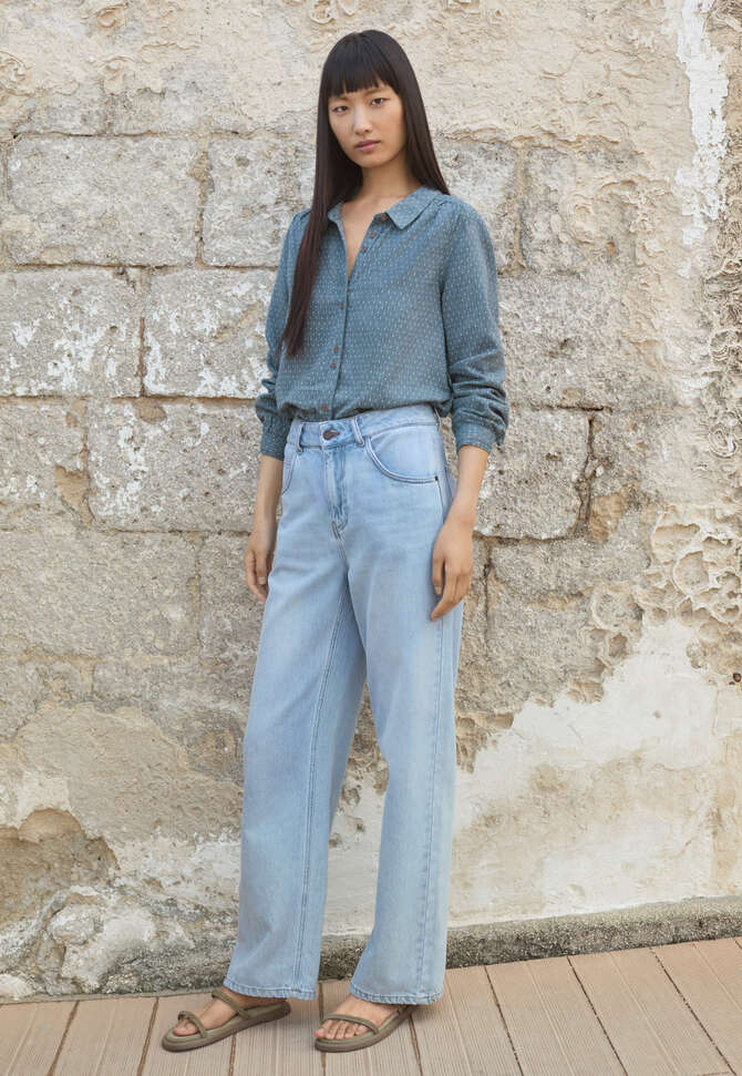 Bluse in Strichmuster-Webung, Blasses Denimblau, completeTheLook