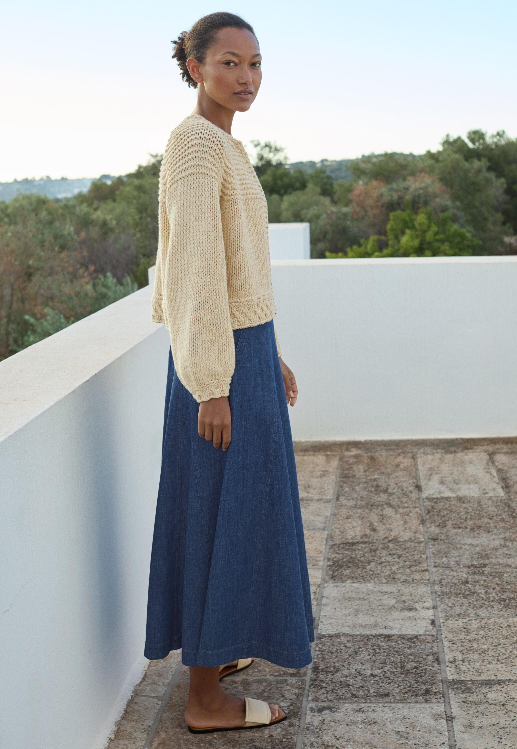 Indigo-dyed godet skirt, Dark denim, large
