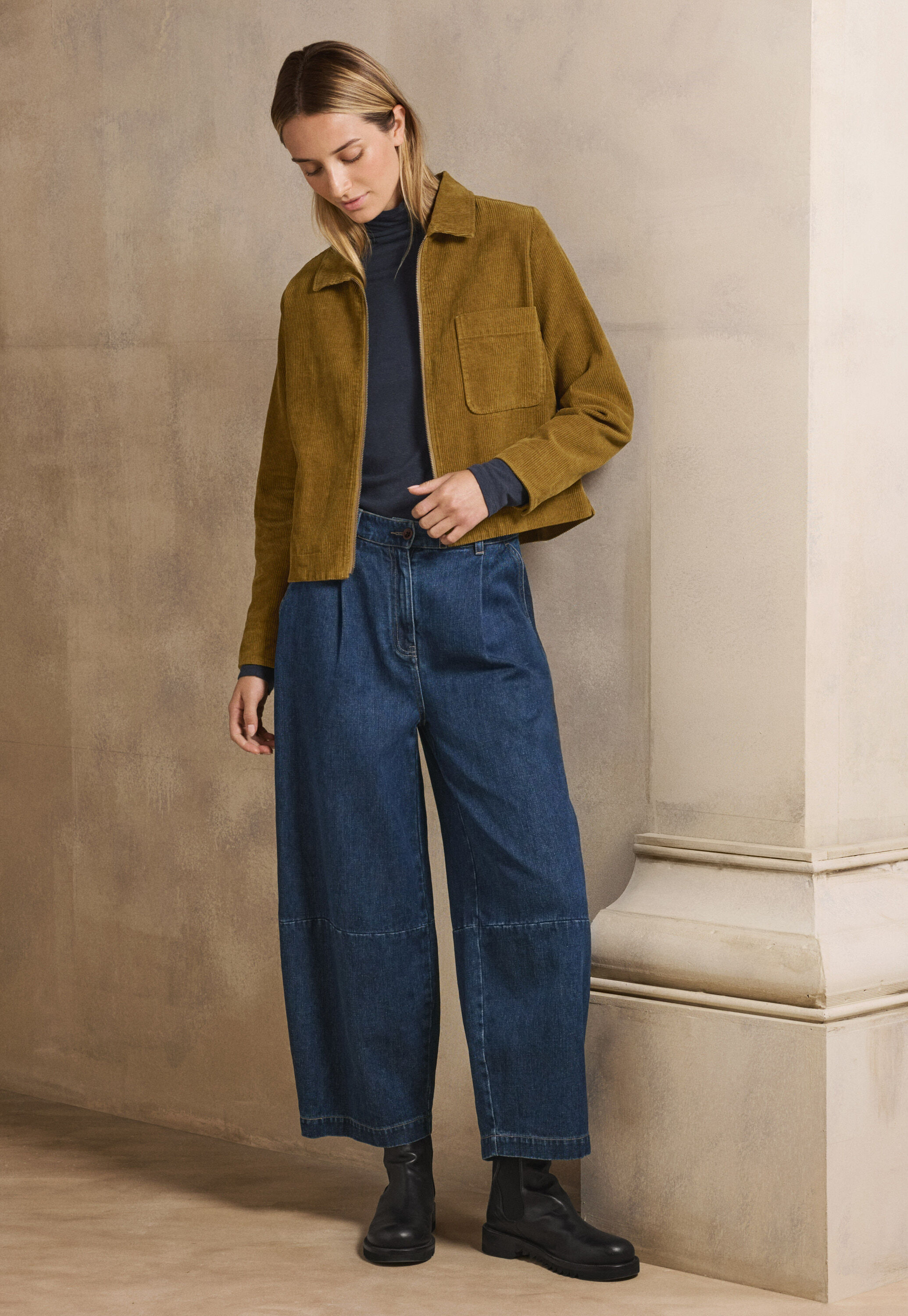 Barrel-leg trousers, Dark denim, large
